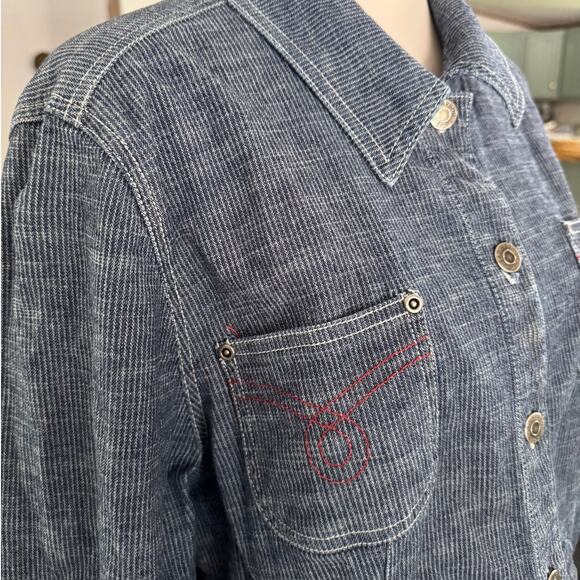 Sag Harbor Sport Hickory Stripe Denim Blouse Red Bandana Trim Womens Size 16 - Picture 6 of 10